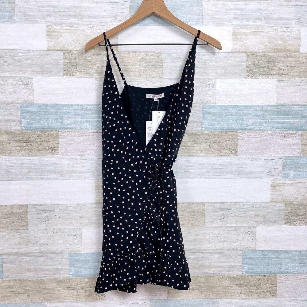 Joy Joy Sleeveless Ruffle Tie Waist Wrap Dress Black Polka Dot Womens XS